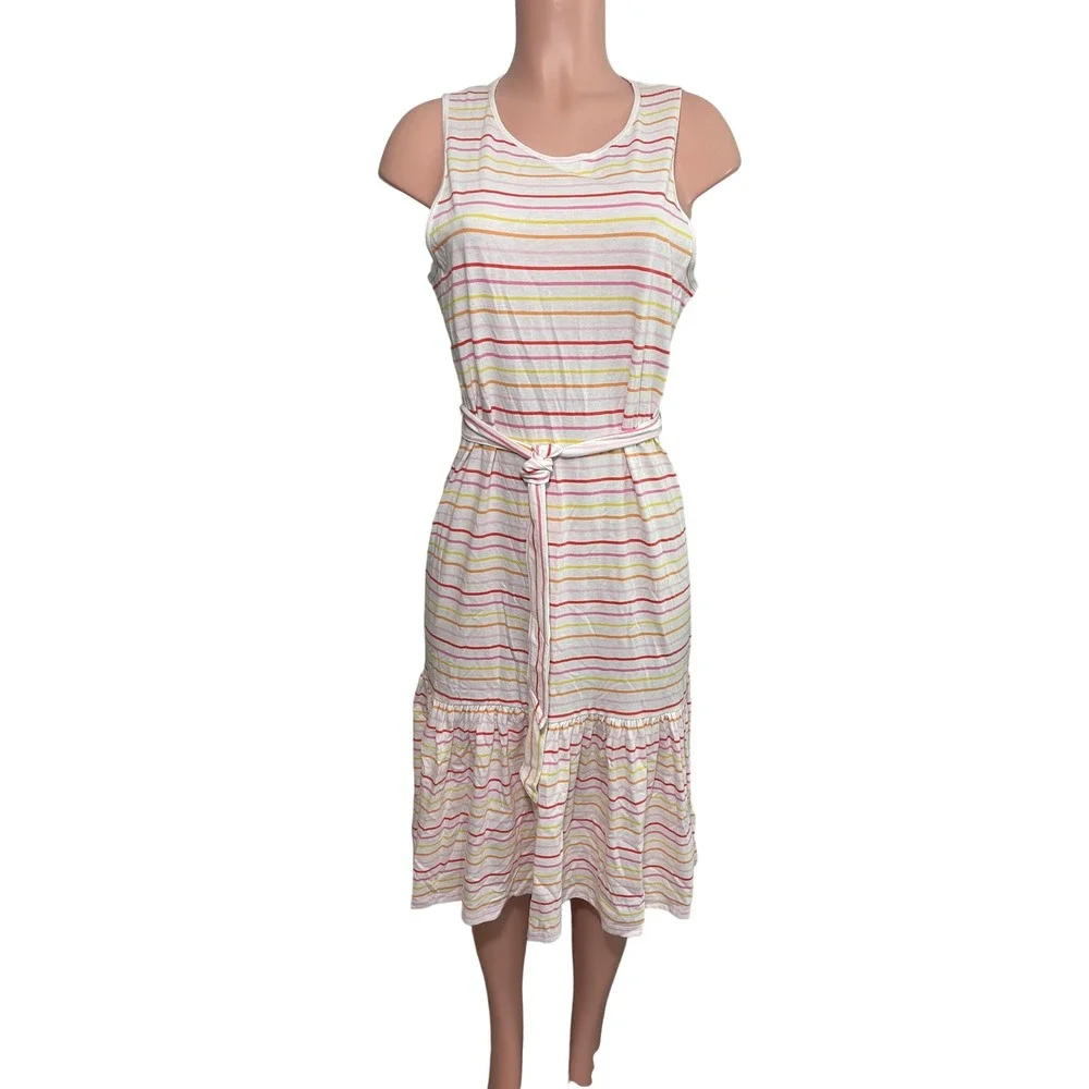 NWT J. Crew Striped Knit Tie-Waist Midi Dress White Pink Orange Medium ‎ BF879